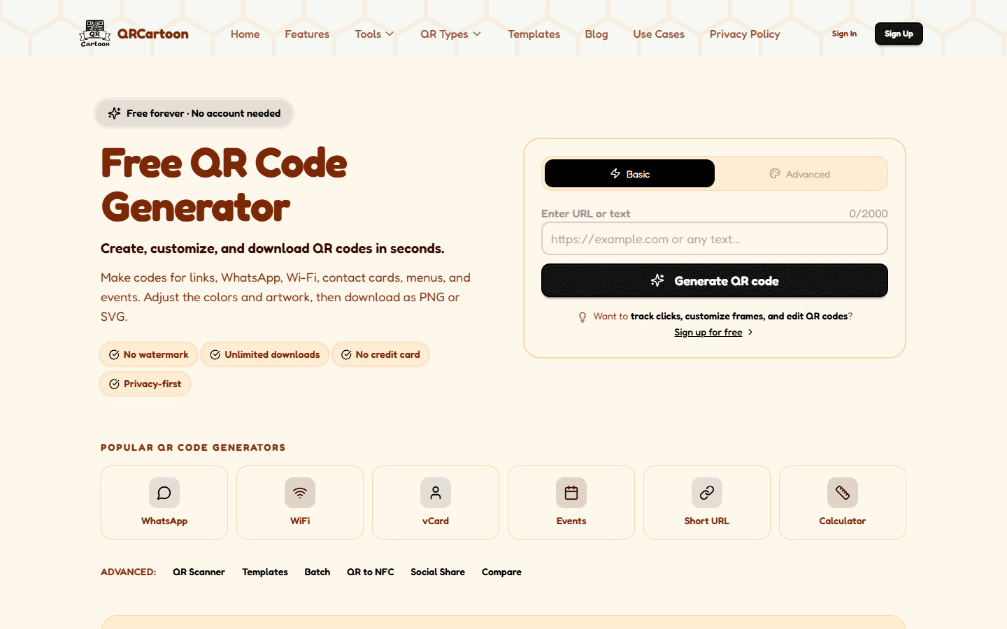 The generator: paste a link, pick a style, export as PNG or SVG. No account needed.
